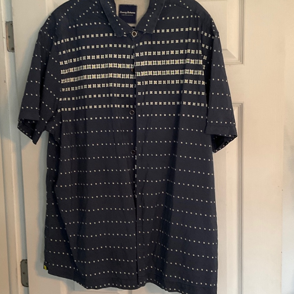 Tommy Bahama Navy and White Patterned Men's Shirt